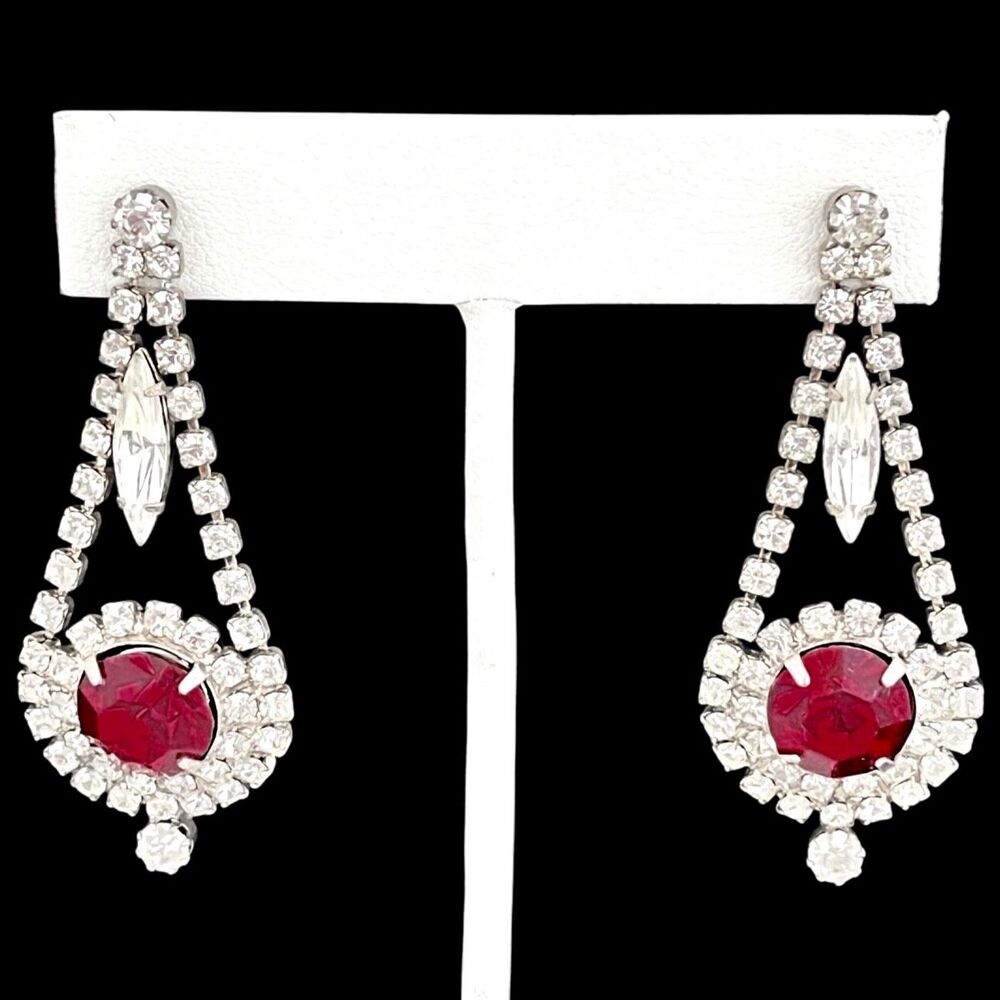 Vintage 1980s Rhinestone Earrings Red Crystal Navette Silver Tone Pierced - 8O